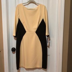 Nine West black and yellow 3/4 sleeve shift dress; yellow lining; round neck